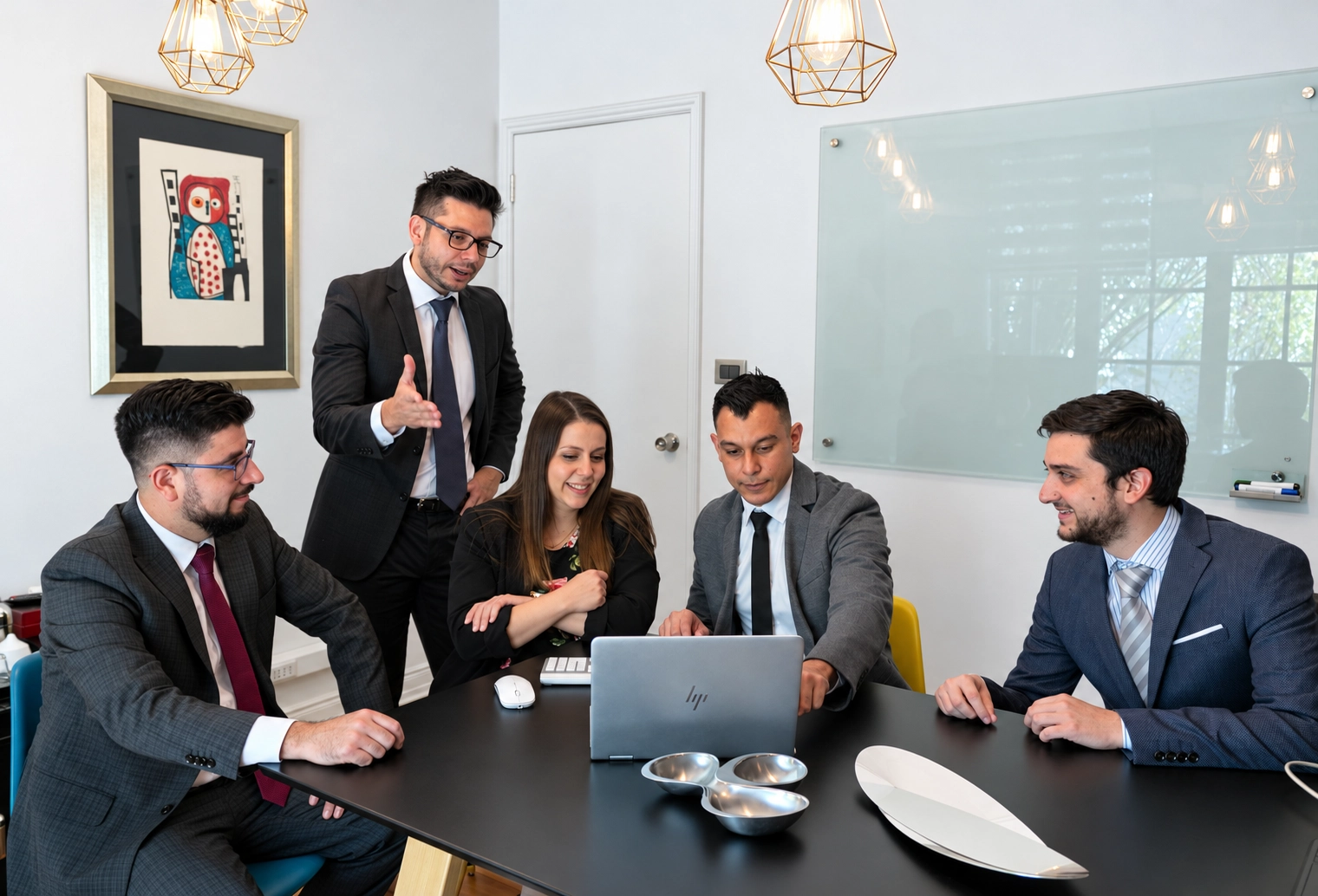 Asesora acompañando a un empresario en una conversación de trabajo