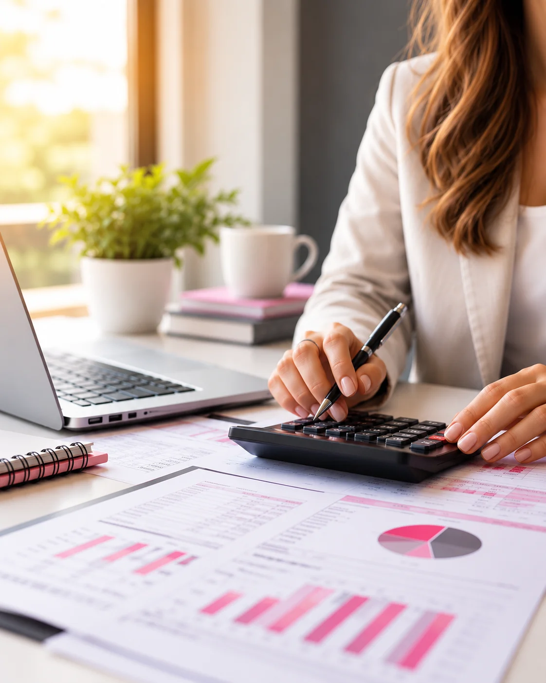 Contadora usando una calculadora junto a informes con gráficos financieros de una empresa