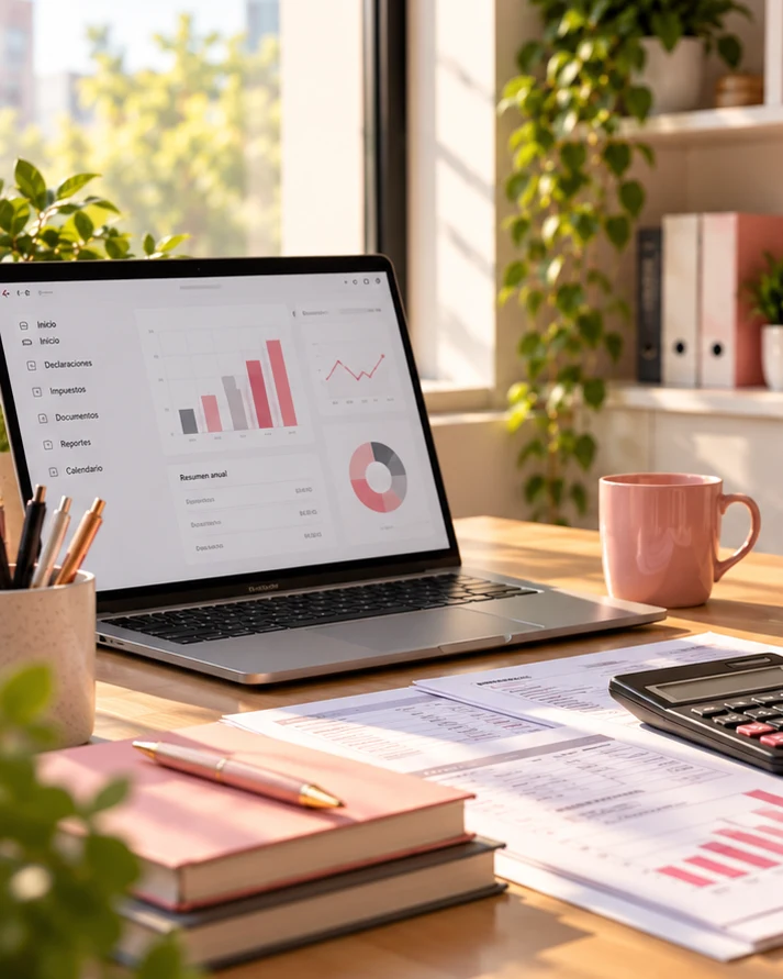 Escritorio con laptop mostrando gráficos de información tributaria, calculadora y documentos