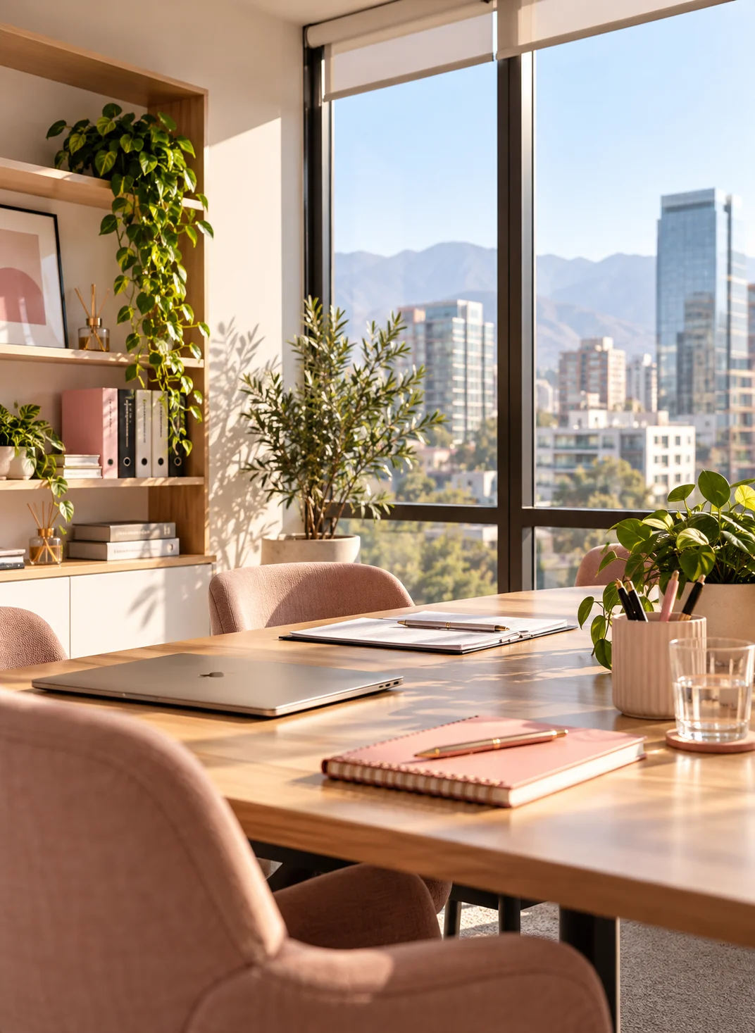 Sala de reuniones luminosa con mesa de madera, sillas rosadas, plantas y ventanales con vista a la ciudad y la cordillera